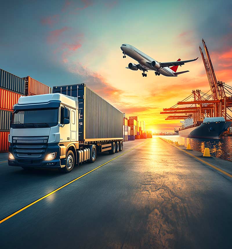 Cargo truck with containers at a port with a cargo airplane taking off at sunset